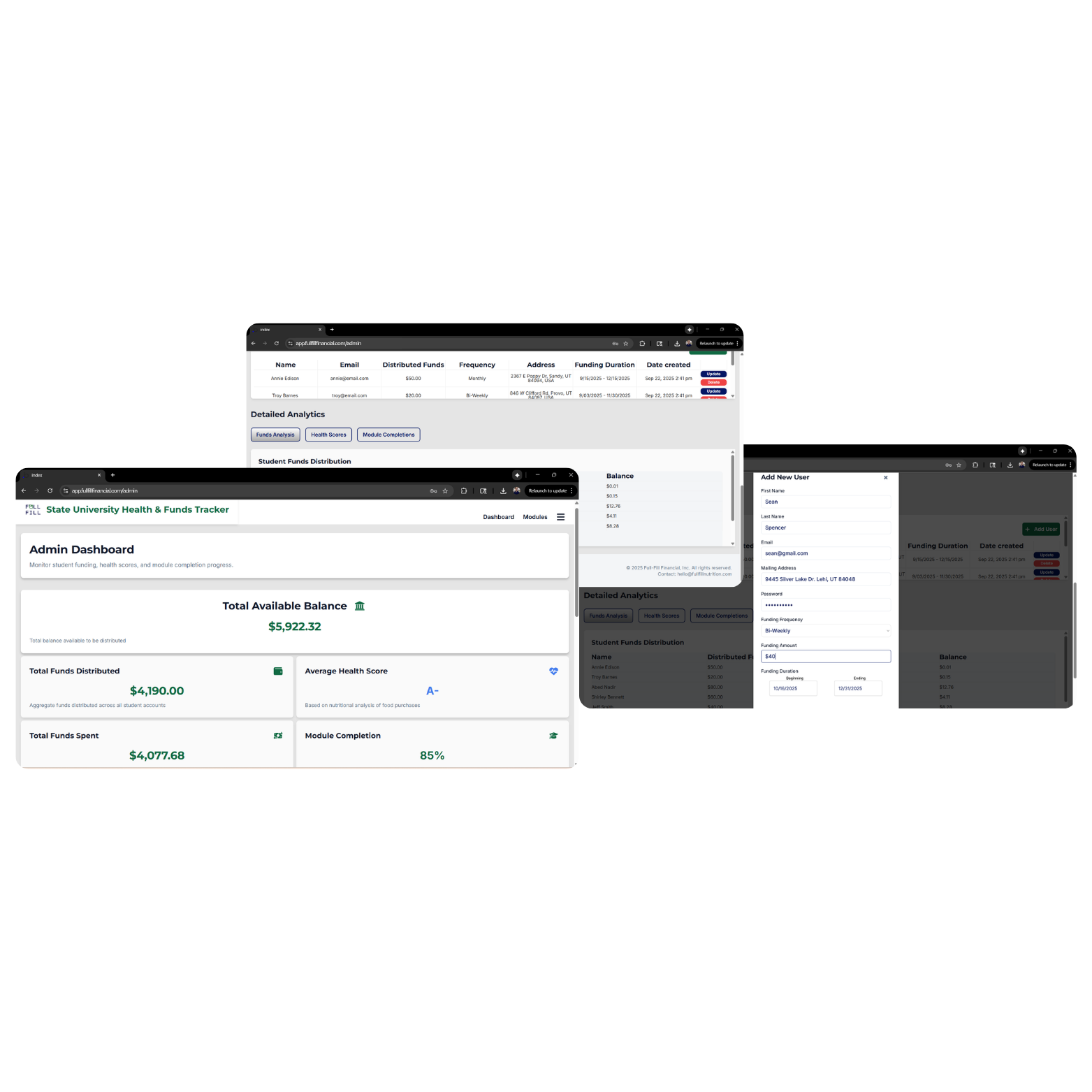 Health and funds tracker dashboard with total balance and funds distributed.